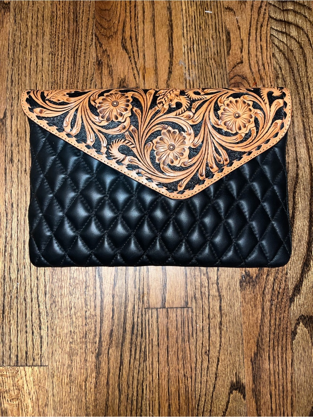 Black Quilted Clutch with Tooled Tan Flap